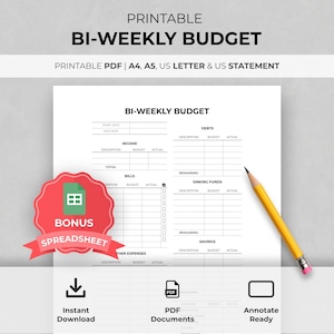 May include: A printable bi-weekly budget template with sections for income, bills, and savings. The document includes the text "BI-WEEKLY BUDGET" and "BONUS SPREADSHEET". A yellow pencil rests on the page. The template is available in PDF format.