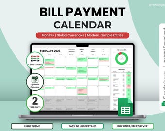Bill Tracker Calendar | Spreadsheet Google Sheets Editable Debt Planner Budget Expense Payment Personal Finance Template Light Mode Theme