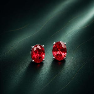 May include: A pair of stud earrings with oval, bright red gemstones set in silver-coloured metal. The earrings are shown against a dark green, textured backdrop, creating a striking contrast.