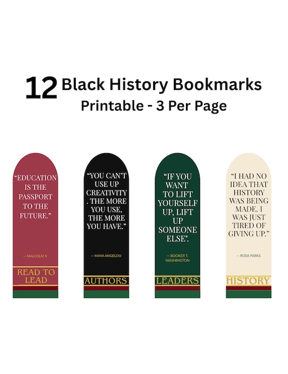 12 Black History Inspirational Bookmarks Printable | Student Reading Motivation | Classroom Activity PDF