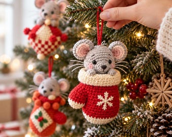 Op de afbeelding: Een gehaakte kerstversiering met een kleine grijze muis met roze wangen die uit een rode want kijkt. De want heeft een crèmekleurige boord en een wit geborduurde sneeuwvlok aan de voorzijde. Er is een rood koordje bevestigd om op te hangen.