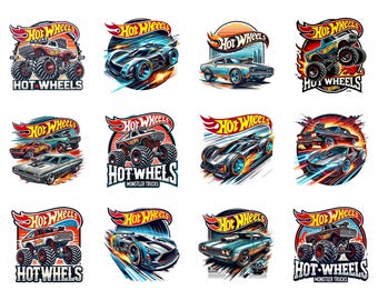 Retro Hot Wheels PNG Bundle Digital Download, Monster Truck Race Car Clipart for Sublimation, Vintage Toy Car Flame Birthday Boy Shirt