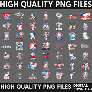 May include: A collection of digital graphic designs featuring Snoopy in various patriotic themes with American flags, stars, and stripes. The images include text such as USA, Snoopy President, and Americana Grill, rendered in red, white, and blue colours.