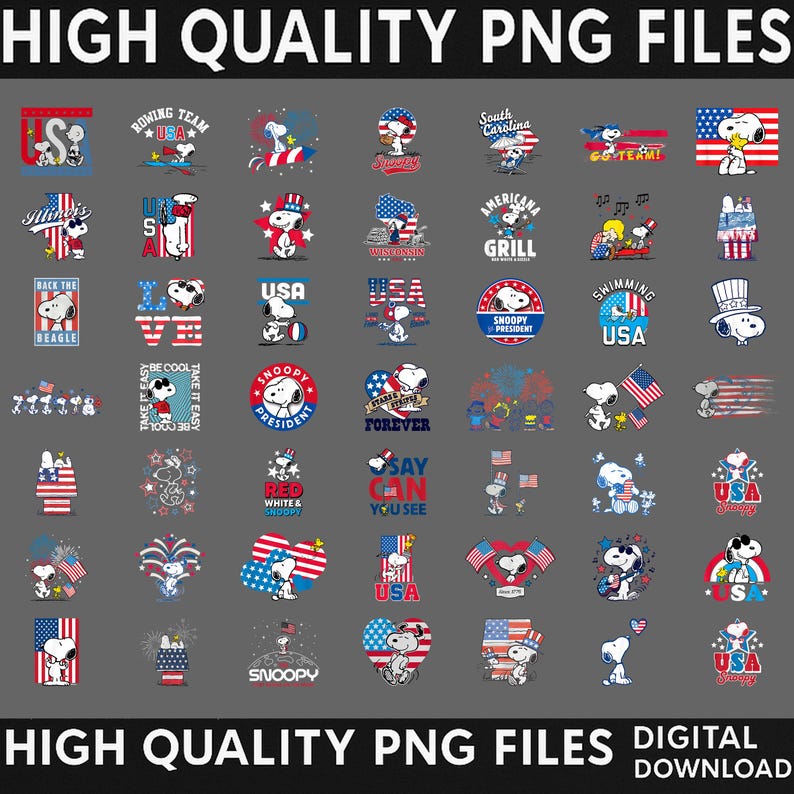 May include: A collection of digital graphic designs featuring Snoopy in various patriotic themes with American flags, stars, and stripes. The images include text such as USA, Snoopy President, and Americana Grill, rendered in red, white, and blue colours.