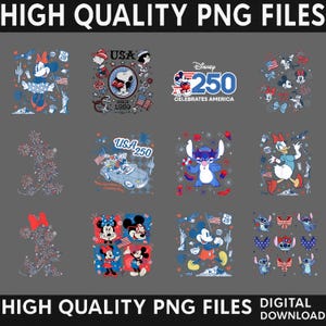 May include: A collection of twelve digital graphic designs featuring Disney characters like Mickey Mouse, Minnie Mouse, Daisy Duck, and Stitch, incorporating patriotic American themes, fireworks, flags, and the text Disney 250 Celebrates America.