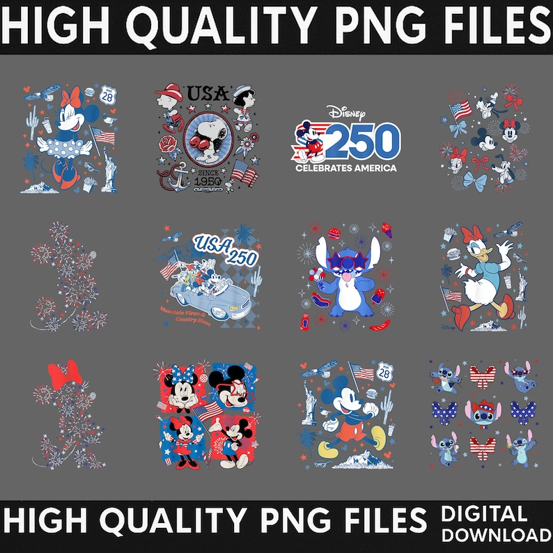 May include: A collection of twelve digital graphic designs featuring Disney characters like Mickey Mouse, Minnie Mouse, Daisy Duck, and Stitch, incorporating patriotic American themes, fireworks, flags, and the text Disney 250 Celebrates America.