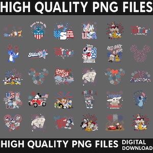 May include: A collection of thirty digital graphic designs featuring Disney characters, Star Wars elements, and patriotic American themes with fireworks, flags, and text like USA, Disney, and Red Bark and Blue, presented as high quality PNG files.