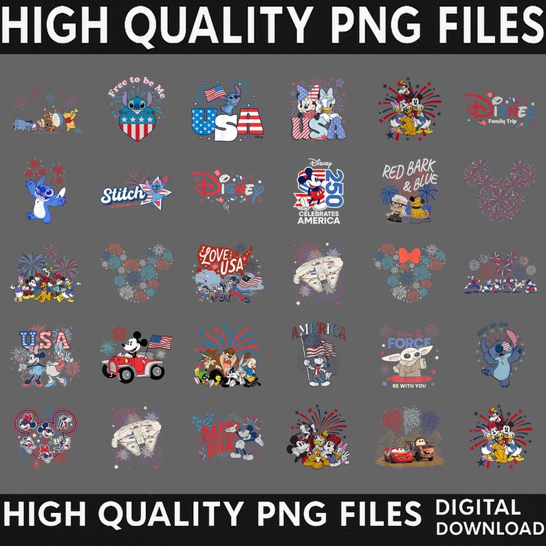 May include: A collection of thirty digital graphic designs featuring Disney characters, Star Wars elements, and patriotic American themes with fireworks, flags, and text like USA, Disney, and Red Bark and Blue, presented as high quality PNG files.
