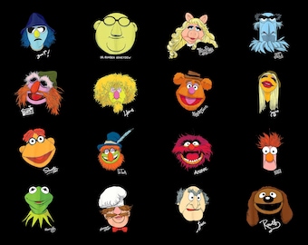 Retro The Muppets PNG Bundle Digital Download, Kermit Miss Piggy Clipart for Sublimation, Vintage Swedish Chef Sam Eagle Autograph Face PNG