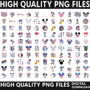 May include: A digital collection of high-quality PNG files featuring various patriotic illustrations of cartoon characters, Mickey Mouse ears, and American flag motifs in red, white, and blue. The text HIGH QUALITY PNG FILES is at the top and bottom.