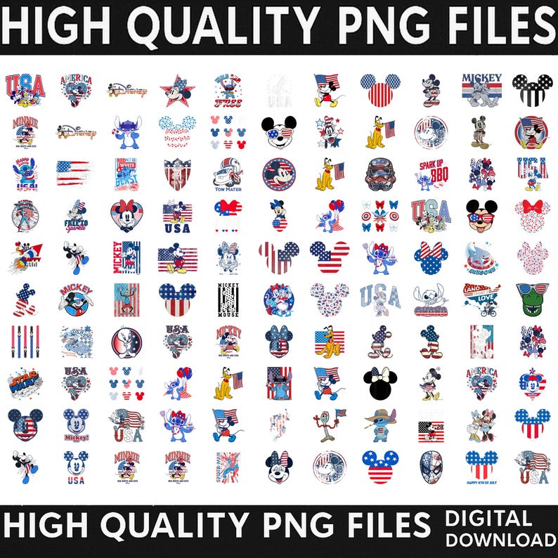 May include: A digital collection of high-quality PNG files featuring various patriotic illustrations of cartoon characters, Mickey Mouse ears, and American flag motifs in red, white, and blue. The text HIGH QUALITY PNG FILES is at the top and bottom.