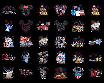 Retro Disney 4th of July PNG Bundle Digital Download, Mickey Mouse USA Clipart for Sublimation, Vintage Patriotic Stitch Fireworks Star Wars