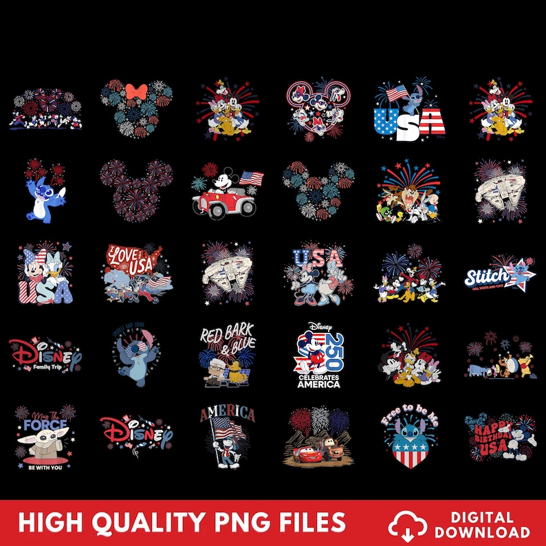 May include: A collection of digital graphic designs featuring Disney characters, fireworks, and American flag motifs. The images include Mickey Mouse, Minnie Mouse, Stitch, and Star Wars elements with text such as USA, Disney, and America on black backgrounds.