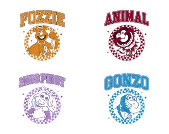 Retro The Muppets PNG Bundle Digital Download, Fozzie Bear Animal Clipart for Sublimation, Vintage Miss Piggy Gonzo Varsity Checkered Shirt