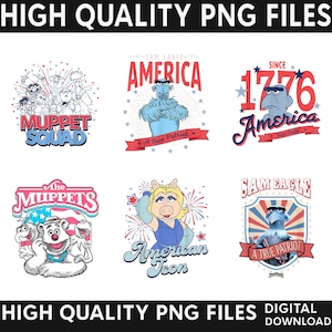 Może przedstawiać: Kolekcja sześciu cyfrowych projektów graficznych z postaciami z Muppetów o tematyce patriotycznej. Projekty zawierają napisy takie jak Muppet Squad, America A True Patriot, Since 1776, The Muppets, American Icon oraz Sam Eagle A True Patriot.