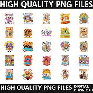 Könnte beinhalten: Eine Sammlung von fünfundzwanzig digitalen Grafikdesigns mit den Muppets-Figuren, darunter Dr. Teeth, Animal, Beaker und Kermit der Frosch. Jedes Design enthält farbenfrohe Illustrationen, musikalische Themen und den Text High Quality PNG Files.