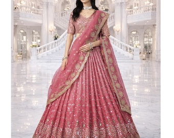 Peach Pink Georgette Ready To Wear Lehenga Choli For Women with Sequins Embroidery Work