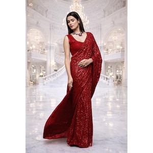 Ruby Red Georgette Ready To Wear Saree For Women: Sequin Embroidery Indian Wedding Wear