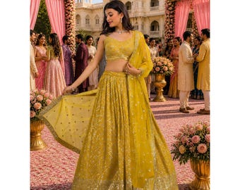 Yellow Ready To Wear Lehenga Choli For Women: Zari Embroidery Indian Wedding Outfits