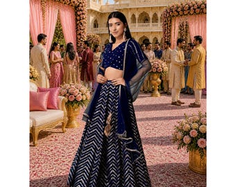 Blue Ready To Wear Lehenga Choli For Women: Zari Sequins Embroidery Indian Wedding Wear