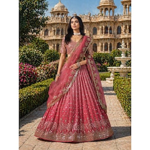 Könnte beinhalten: Eine Frau in einem traditionellen roten und rosa indischen Lehenga. Das Outfit weist aufwendige goldene Stickereien und Verzierungen auf. Das Ensemble umfasst ein passendes Oberteil, einen Rock und einen durchsichtigen Dupatta, vor dem Hintergrund eines historischen Gebäudes und üppigem Grün.