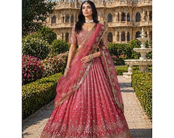 Peach Pink Georgette Ready To Wear Lehenga Choli For Women with Sequins Embroidery Work
