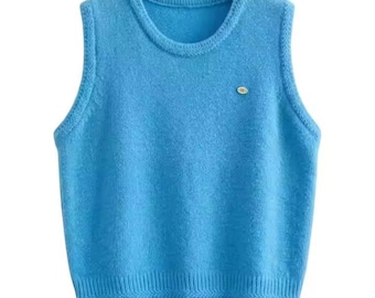 Women's Sky Blue Knitted Sweater Vest, Soft Sleeveless Pullover, Casual Crew Neck Knit Top, Cozy Layering Sweater