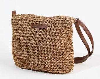 Sac à bandoulière en rotin tissé à la main, sac à main bohème d'été de plage, bandoulière en paille naturelle