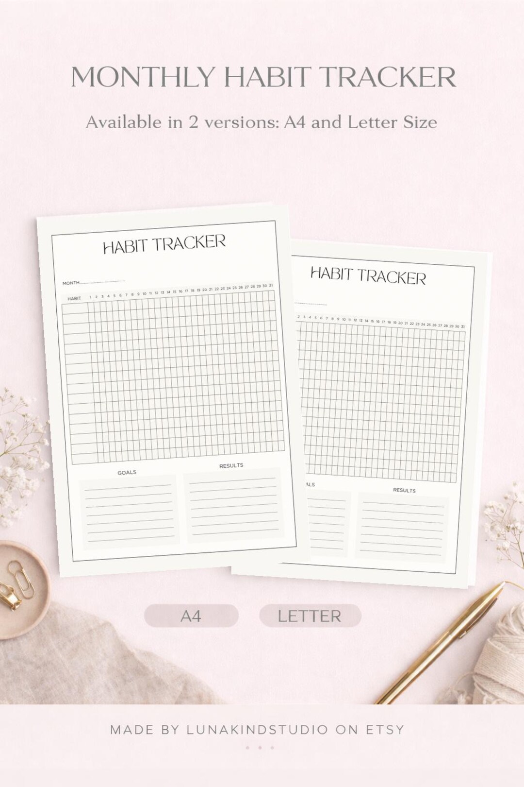 Minimalist Monthly Habit Tracker, Undated, A4 & US Letter (PDF Download ...