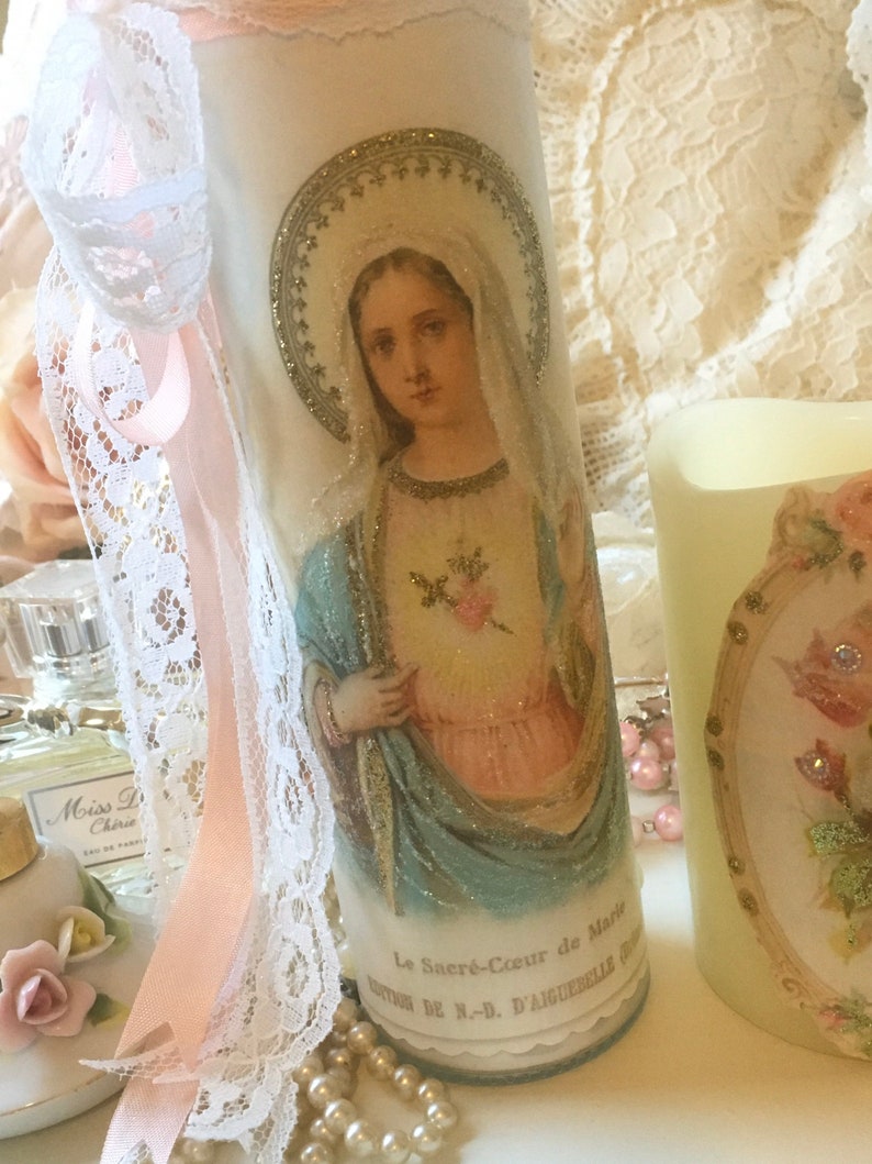 Shabby Virgin Mary Prayer Candle Madonna Religious Candle Etsy