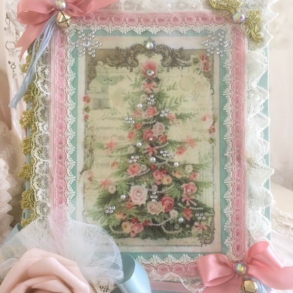 Victorian Christmas Tree Decorative Book Decor, Shabby Pink Decor, Coffee table Decor, French Cottage Christmas, Altered Book, Fanny Pippin