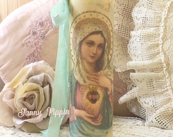 Shabby Virgin Mary Prayer Candle, Madonna, religious candle, Altar Decor, Religious Shrine, Religious Art, Sacred Heart Of Mary, Catholic