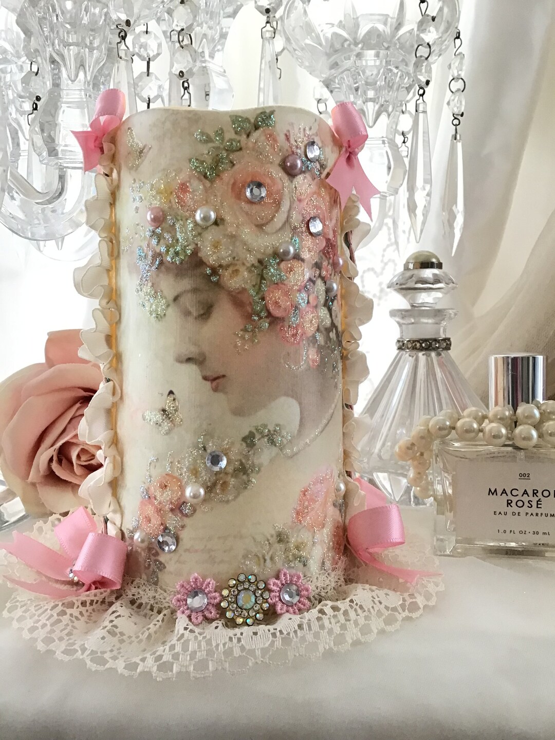 Shabby Pink Rose Flameless Candle, Decorated Wax Candle, Vintage Pink ...