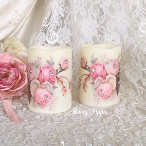 Shabby Pink Flameless Candles, Pink Roses, Wax LED Candles, Floral Candles, Shabby Pink Decor, Shabby Cottage Chic, Fanny Pippin