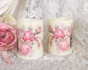 Shabby Pink Flameless Candles, Pink Roses, Wax LED Candles, Floral Candles, Shabby Pink Decor, Shabby Cottage Chic, Fanny Pippin