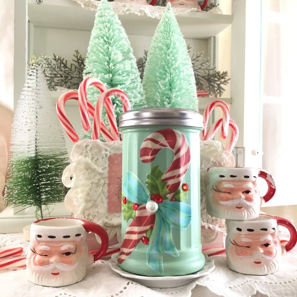 Vintage Christmas Candy cane Kitchen Decor, Sugar Jar, Jadeite style green and red kitchen, retro Christmas, Candy cane, Fanny Pippin