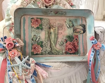 Shabby Beach Cottage Serving Tray, Mermaid Decor, Sea Goddess, Large Painted Decorative tray, Distressed Decor,  Cottage chic, Fanny Pippin