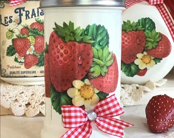 Strawberry Sugar Dispenser: Retro Red Gingham Farmhouse Kitchen Decor