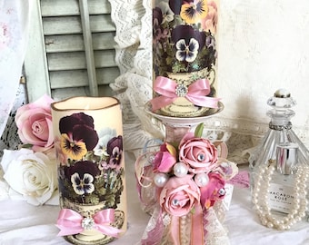 Shabby Victorian Pansy Flameless Candles, Floral Cottage Chic Decor