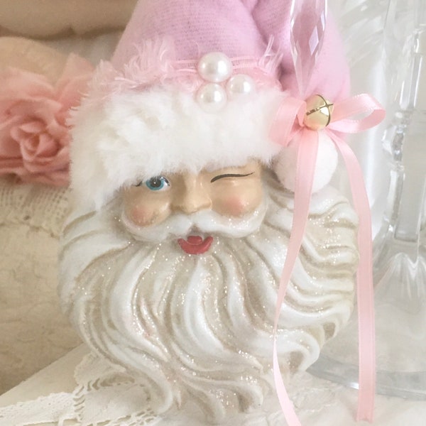 Pink Santa Face, Retro Winking Santa, Shabby Chic Pink Santa, Vintage Winking Santa, Pink Christmas, Cottage Chic, Fanny Pippin