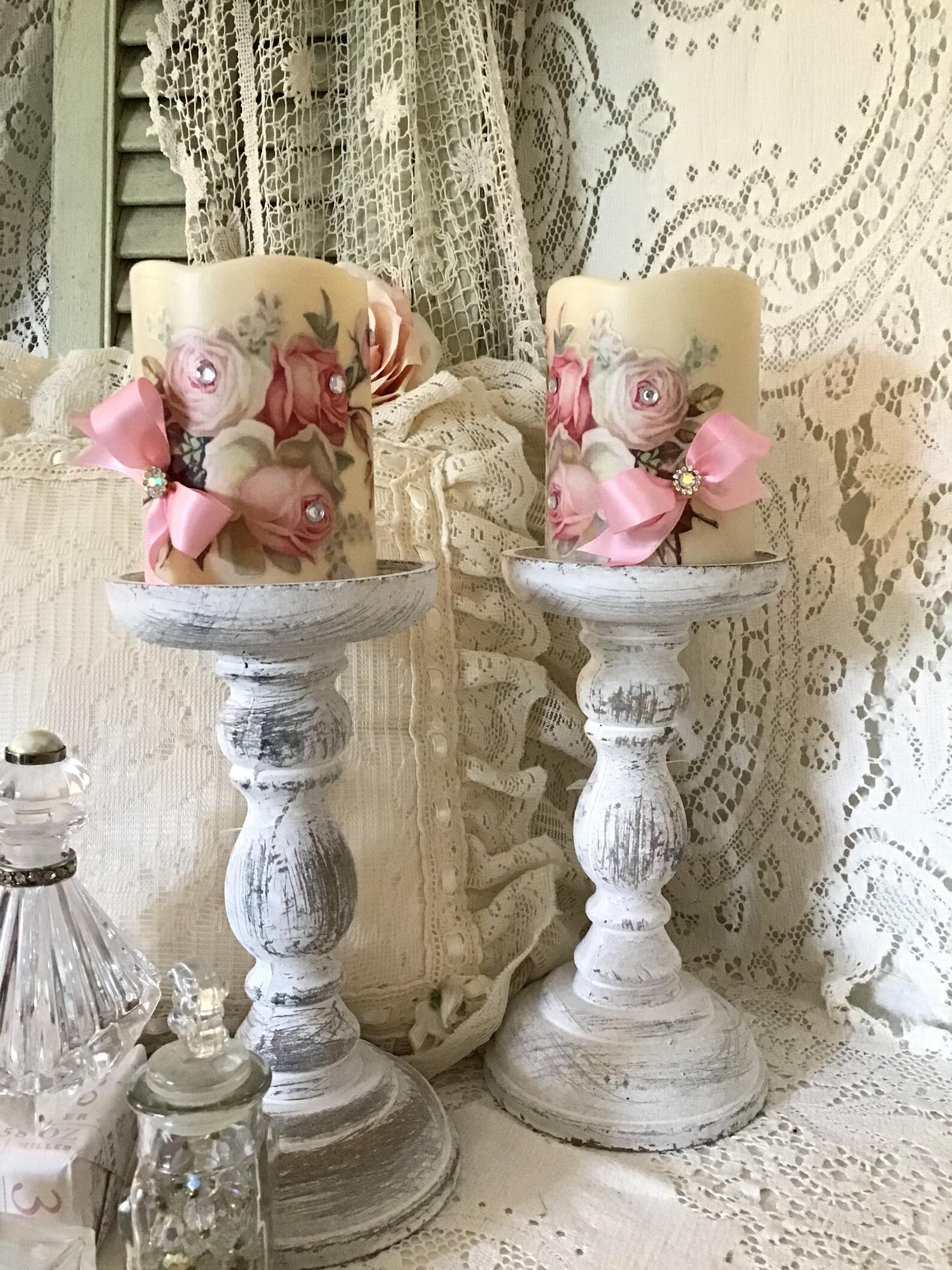 Shabby Chic Pink Rose Flameless Candles: Cottagecore LED Pillar Candle ...