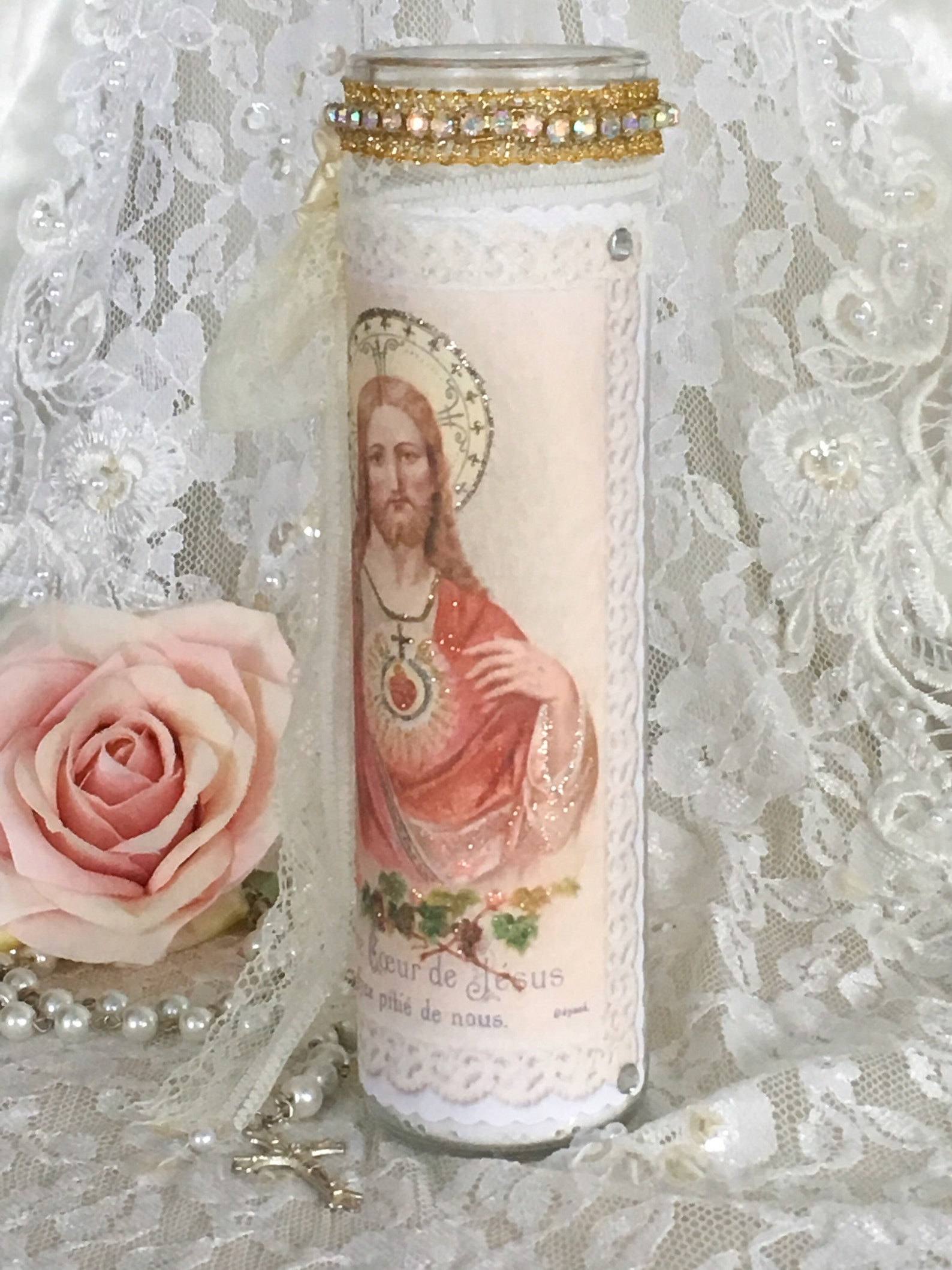 Shabby French Jesus Prayer Candle Sacred Heart of Jesus Etsy