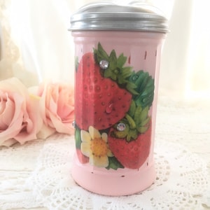 Vintage Strawberries, Sugar dispenser jar, strawberry kitchen decor, farmhouse kitchen, vintage kitchen, shabby cottage chic Fanny Pippin