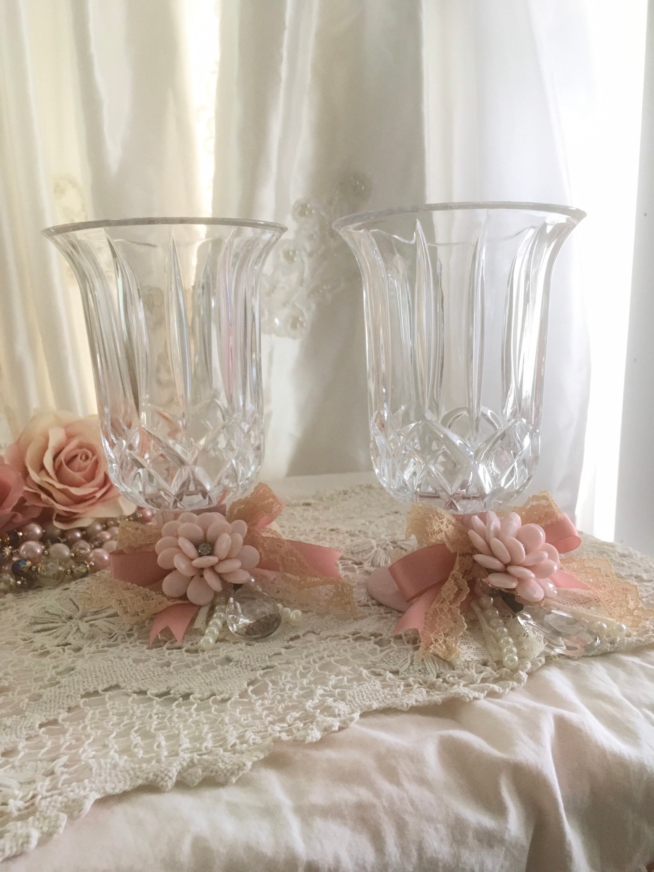 Shabby Chic Crystal Candle Lamps: Pink Roses Decor (pair) - Etsy