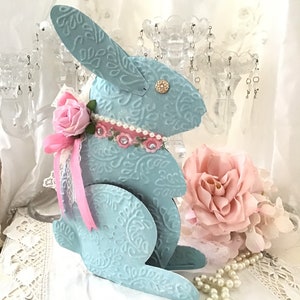 Shabby Easter Bunny, Pink Rose Decor, Vintage Blue Tin Bunny Rabbit, Shabby Pink Roses, Pink Easter Decor, Shabby Cottage Chic, Fanny Pippin image 4