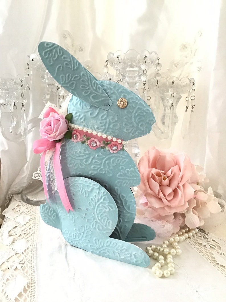 Shabby Easter Bunny, Pink Rose Decor, Vintage Blue Tin Bunny Rabbit, Shabby Pink Roses, Pink Easter Decor, Shabby Cottage Chic, Fanny Pippin image 4