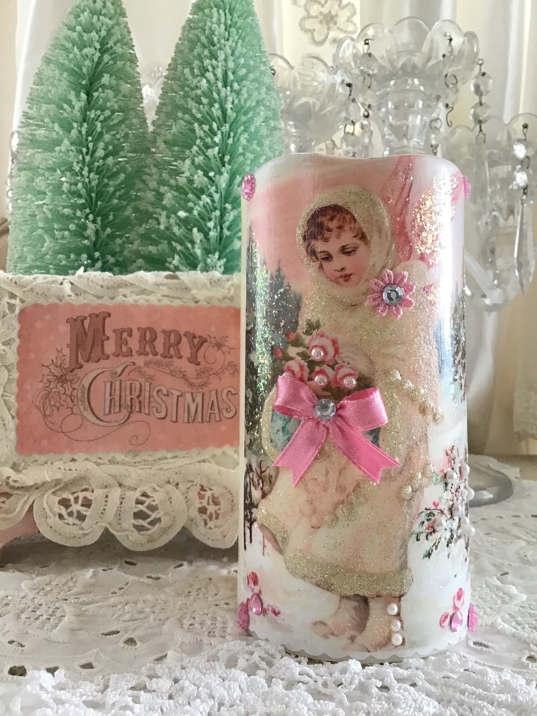 Shabby Chic Christmas Angel Flameless Candle: Pink Roses Decor - Etsy