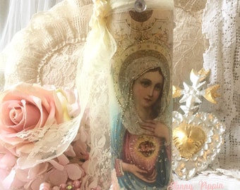 Sacred Heart of Mary Prayer Candle: Shabby Chic Altar Decor