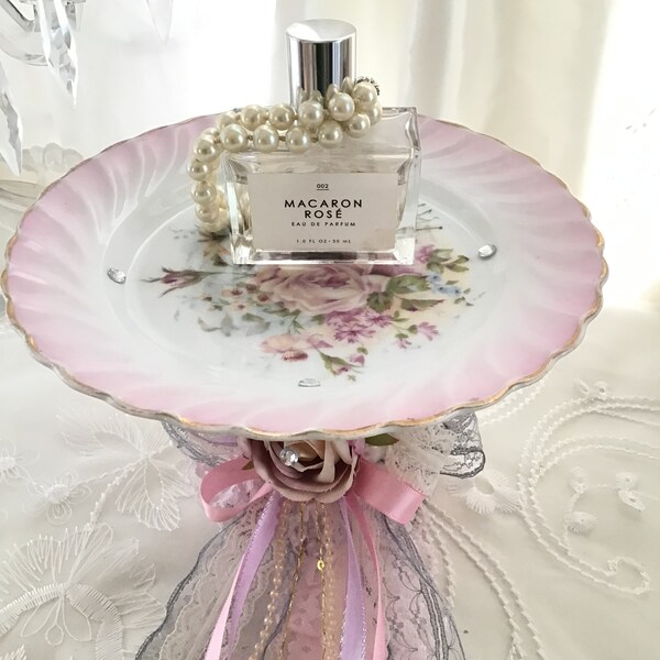 Shabby Perfume Display Stand, Floral Display Tray, Pedestal, Rose decor, Candlestick Stand, Shabby Cottage Chic, Pink Floral, Fanny Pippin