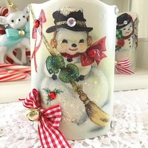 Vintage Snowman Christmas, Flameless Candle, Retro Christmas Candle, Kitsch, Battery candle, Farmhouse Christmas, cottage chic, Fanny Pippin